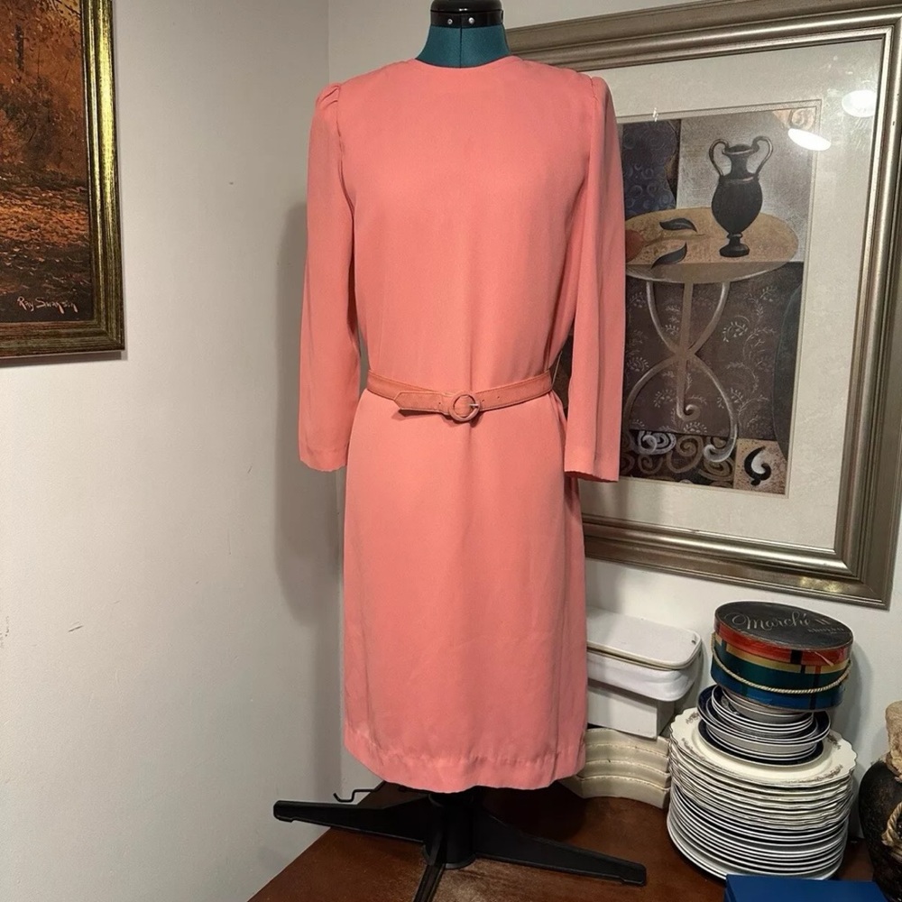 Petites By Willi Coral Lined Belted Long Sleeve Sheath Dress Size 8P